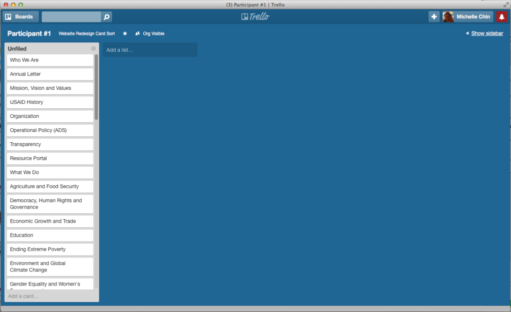 Trello board set up for a Modified-Delphi card sort with a list called Unfiled and all the cards under that list