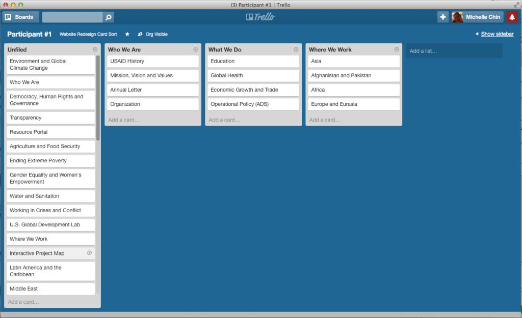 An in-progress card sort by the first participant in Trello