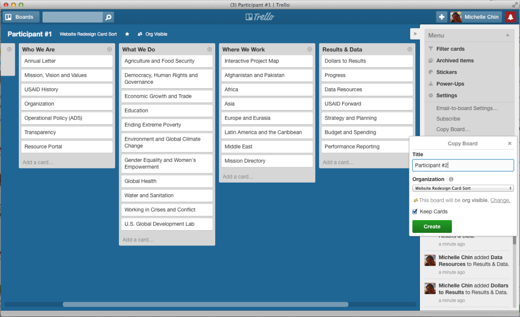 Creating a new board for card sorting by duplicating this one